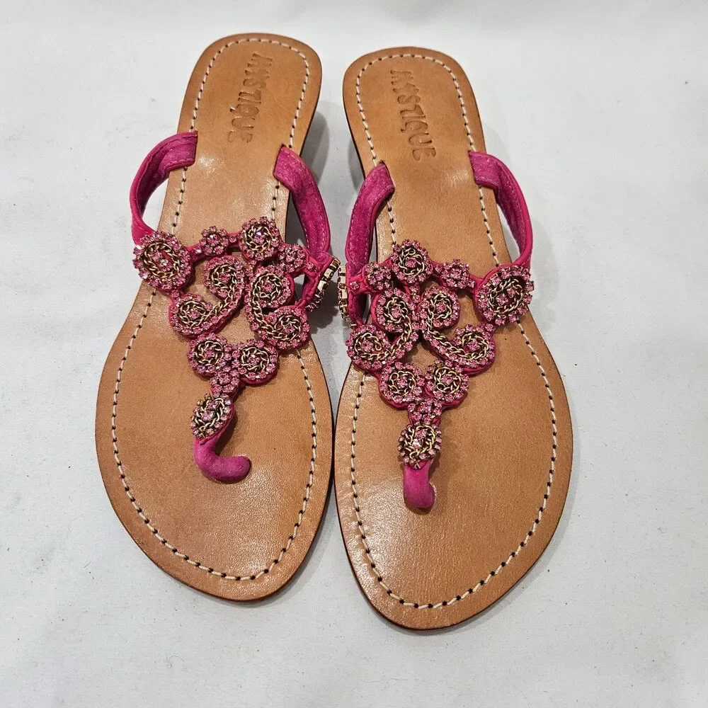 Mystique Womens Leather Jewel Wedge Flip Flops Size 8 Pink Embellished Summer